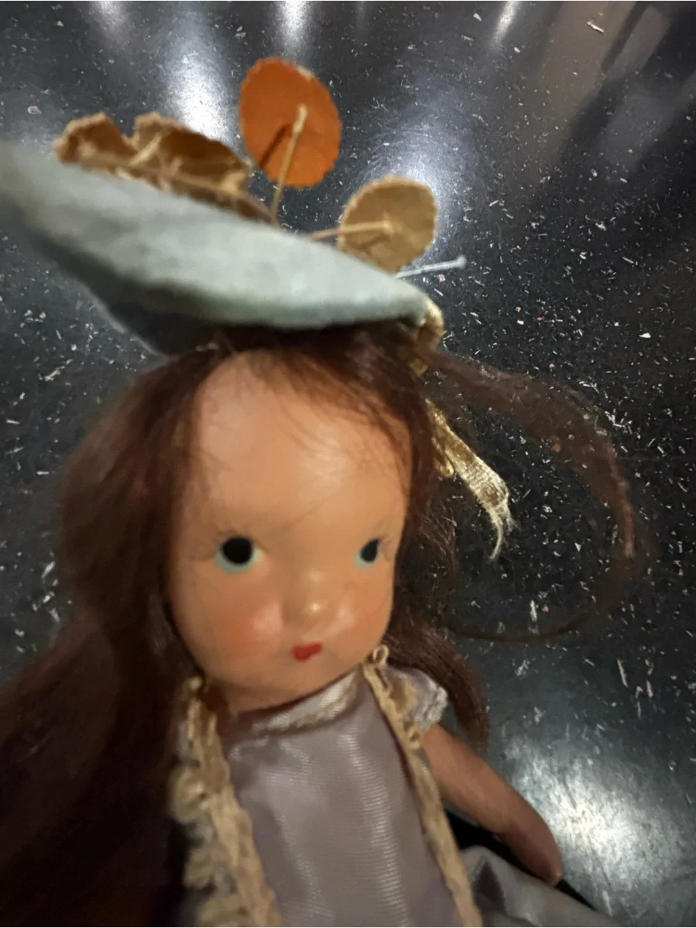 Vintage NaPorcelain Doll in Pale blue and Gold Gown labeled “Storybook doll